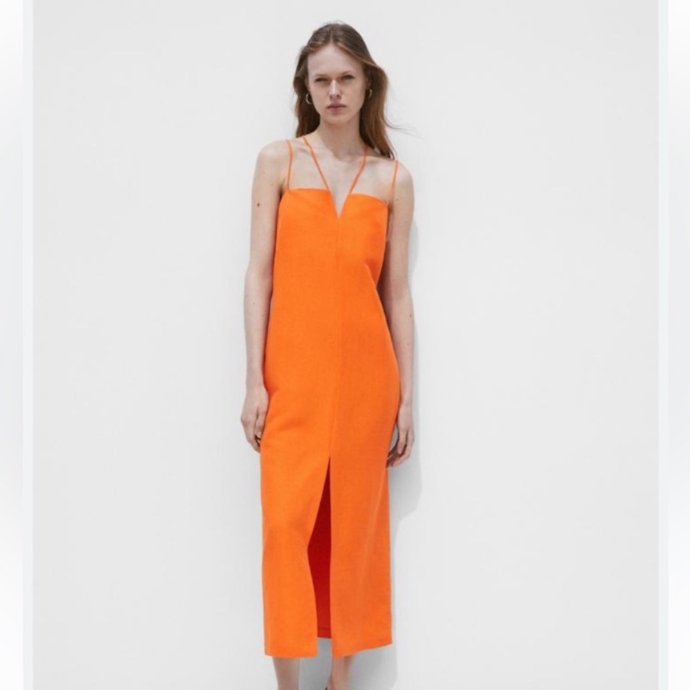 Massimo Dutti Orange Strapy Linen Midi Dress